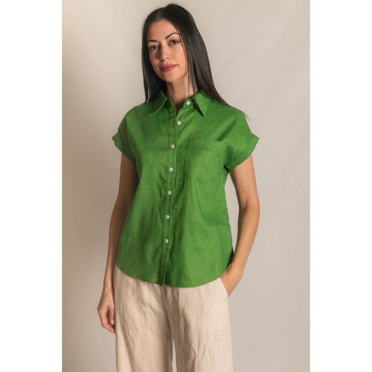 Grass Green P.Cill Linen Button-Up Shirt – Relaxed Short Sleeve 1136