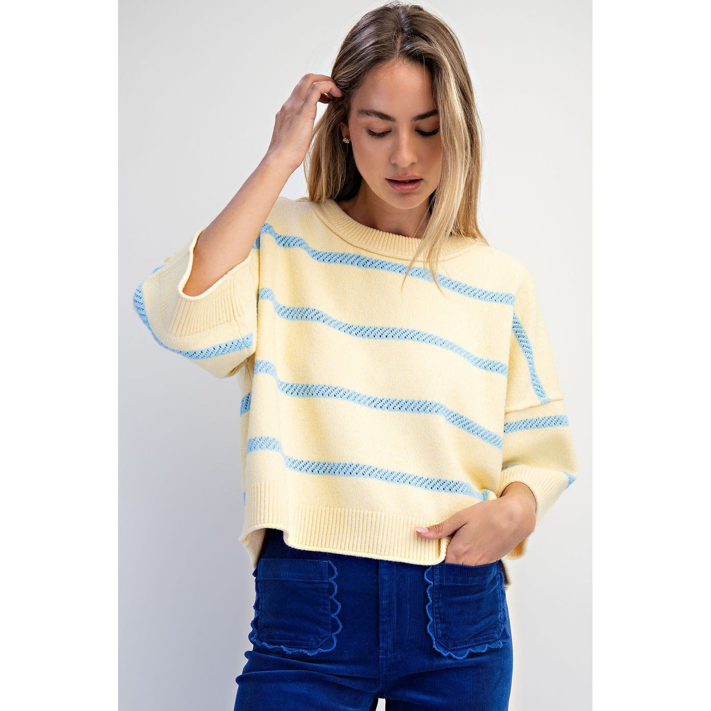Softest Luxe Striped Crew Sweater Top 0107 - Lemon/LT Blue