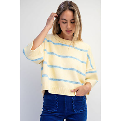 Softest Luxe Striped Crew Sweater Top 0107 - Lemon/LT Blue