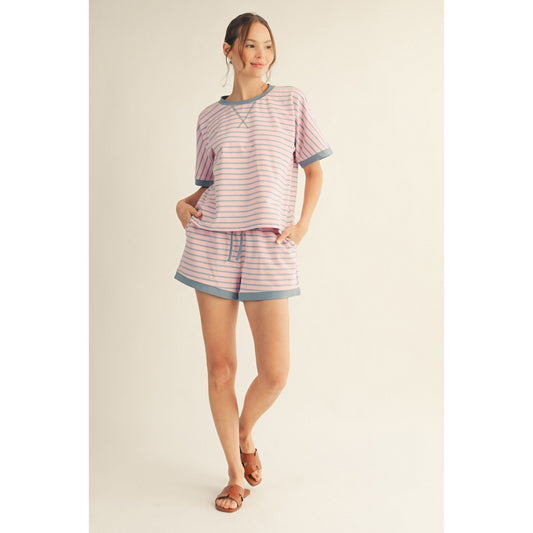 JL - Short Sleeve, Striped Top & Drawstring Shorts Set 5354 - Pink