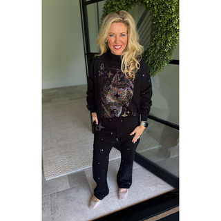 Queen of Sparkles - Rainbow Rhinestone QOS Card Logo Mock Neck Sweatshirt - Black