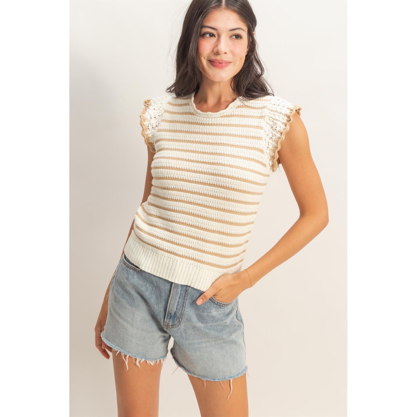 Striped Crochet Knit Tank – Cream & Tan Ruffle Sleeve Sweater Top 037