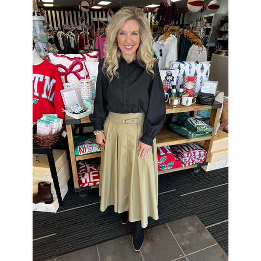 Pinch -  Pleated A-line Midi Skirt With Belt 6413 - Khaki