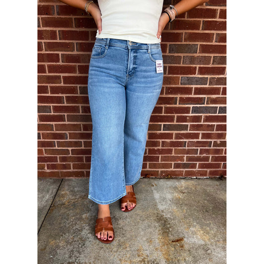 Risen - Tummy Control, High Rise, Crop, Wide Leg Jeans w Bow Detail 1200 - Medium Blue