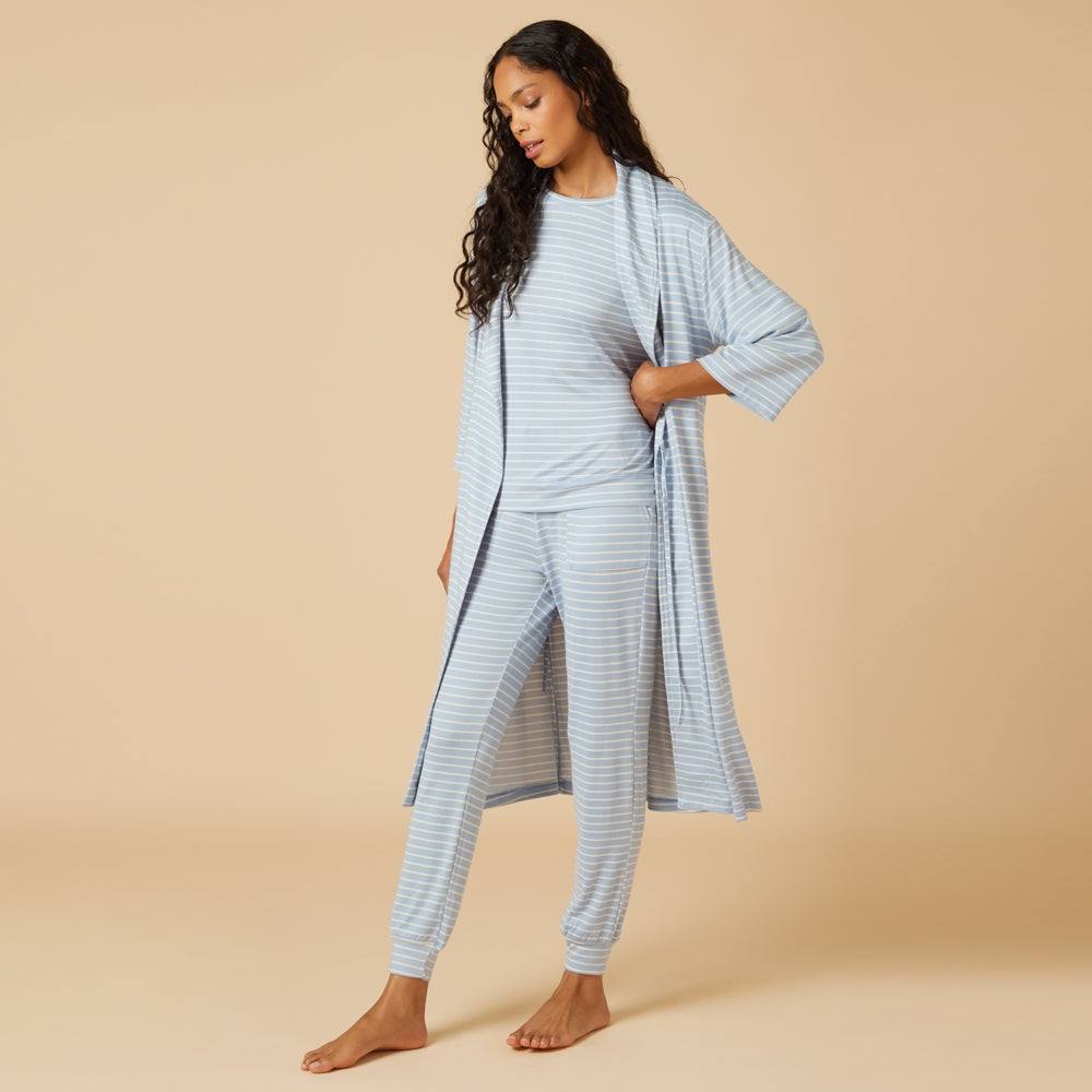 Softies - Sky Blue Striped Robe – Lightweight Tie Waist Lounge wrap