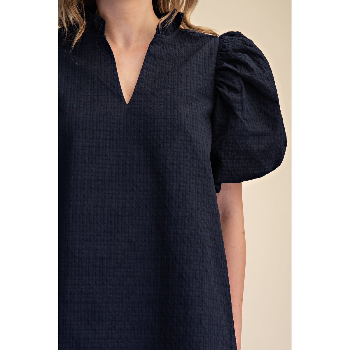 Textured Puff Sleeve Mini Dress – V-Neck Ruffle Dress with Pockets - 8084 - Navy