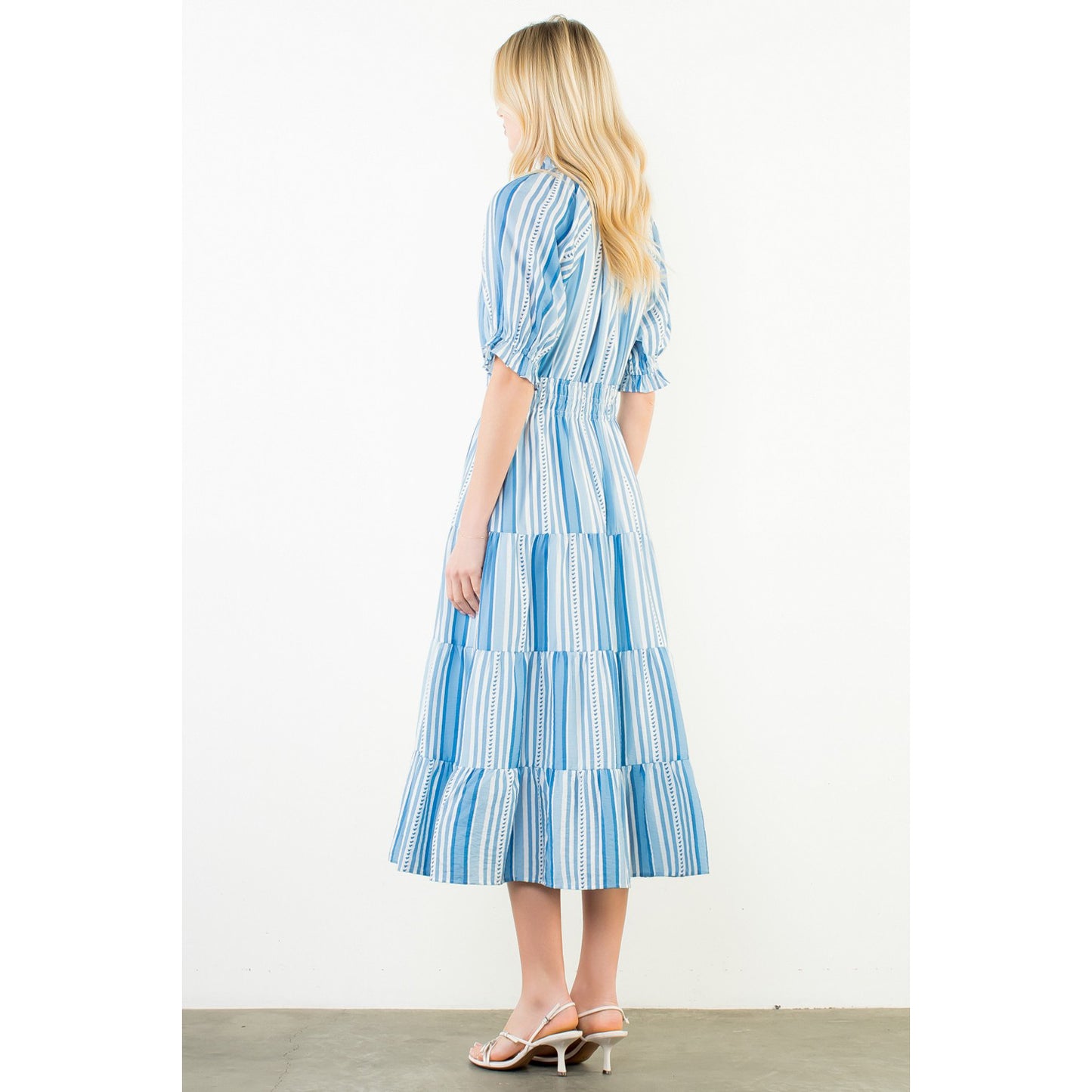 THML - Puff Sleeve, Striped Pattern, Midi Dress 3431 - Blue