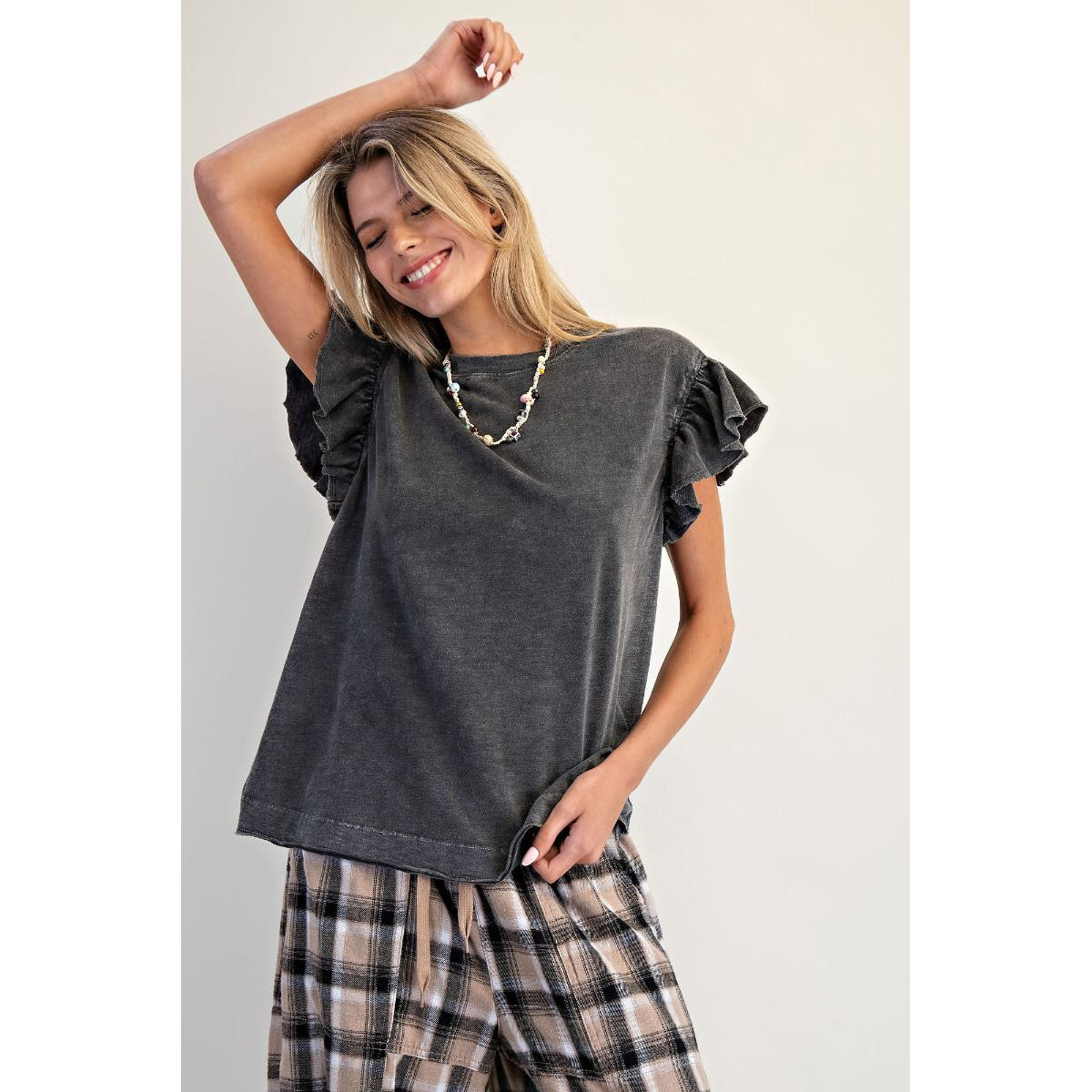 Easel - Wing Sleeve, Mineral Washed Top w Raw Edges 1431 - Black