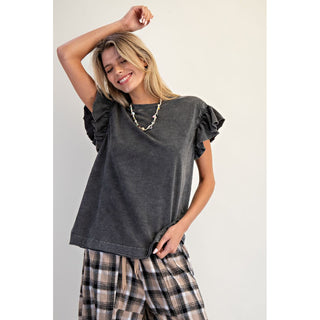 Easel - Wing Sleeve, Mineral Washed Top w Raw Edges 1431 - Black