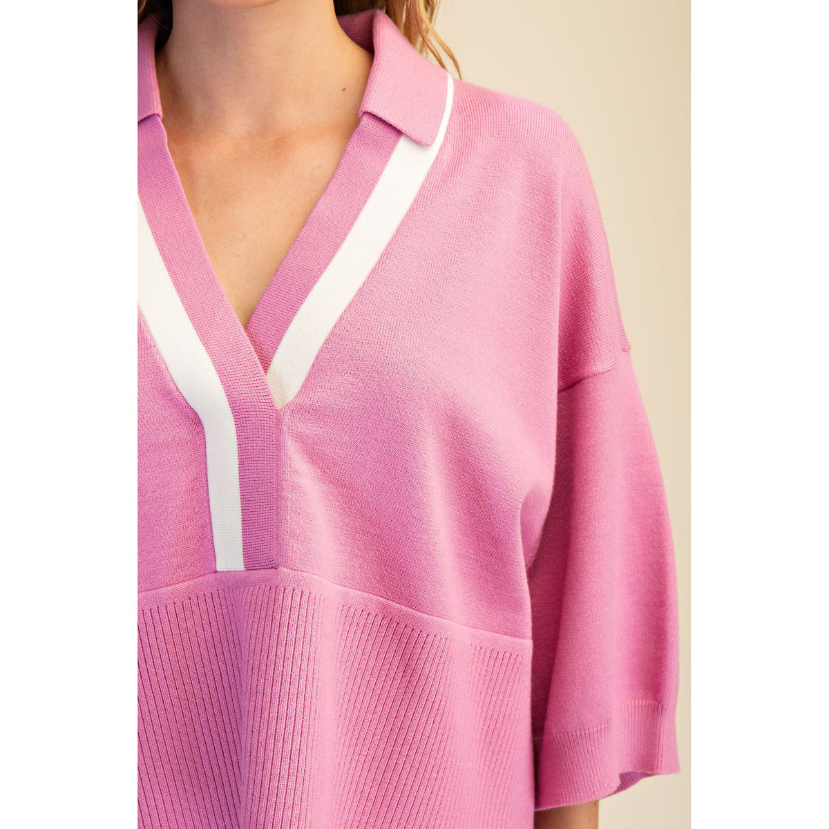 Pink Contrast Trim Sweater – Loose Fit V-Neck Knit Top - 9684