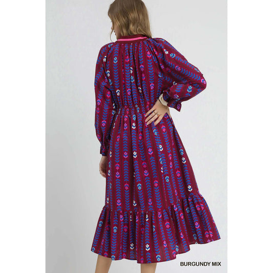 Umgee - Striped, Floral Print, Midi Dress 5449 - Burgundy Mix