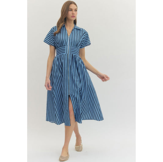 Entro - Striped, Short Sleeve, Midi Dress w Smocked Waist Detail 0282 - Navy