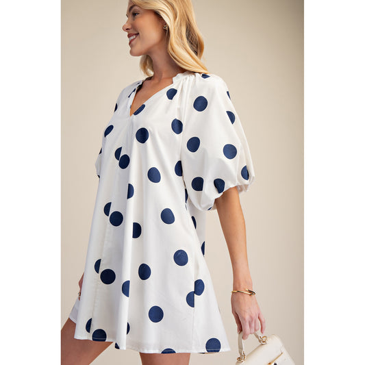 Polka Dot V-Neck Mini Dress – Cream & Navy Relaxed Fit Dress 8846