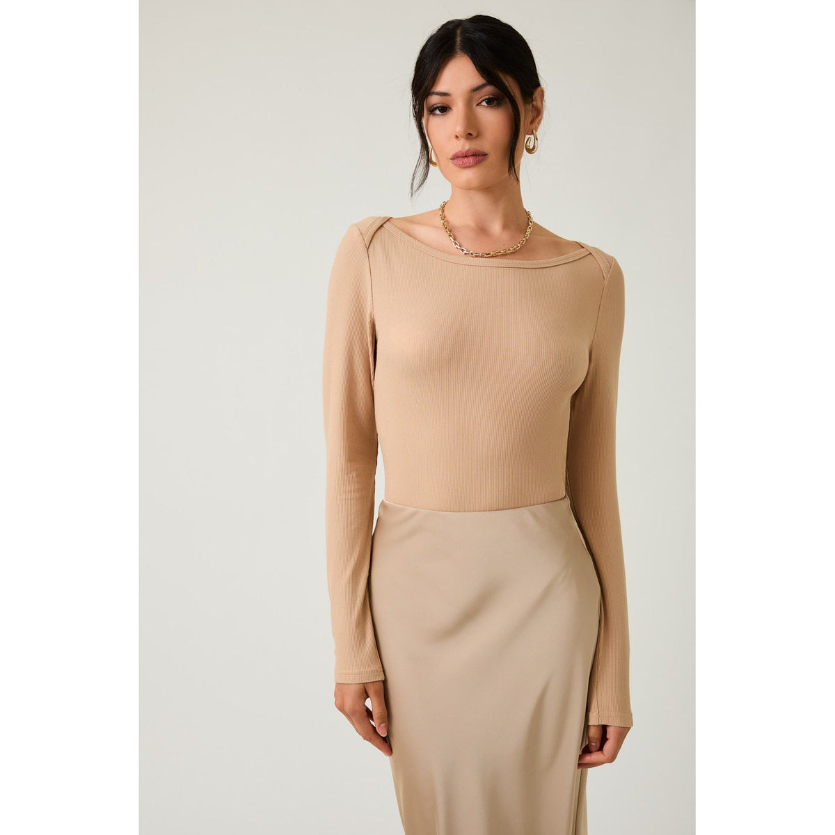 SE - Boat Neck Long Sleeve Rib Bodysuit 0642 - Tan