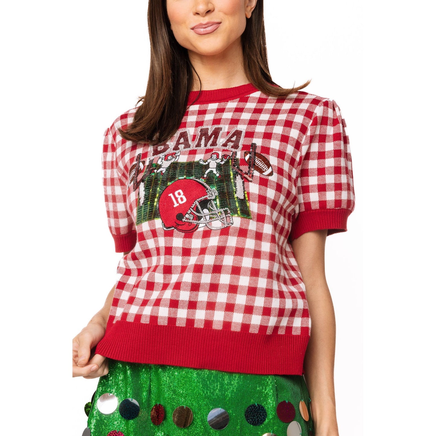 Queen of Sparkles - Licensed Alabama Gingham Football Sweater - Crimson