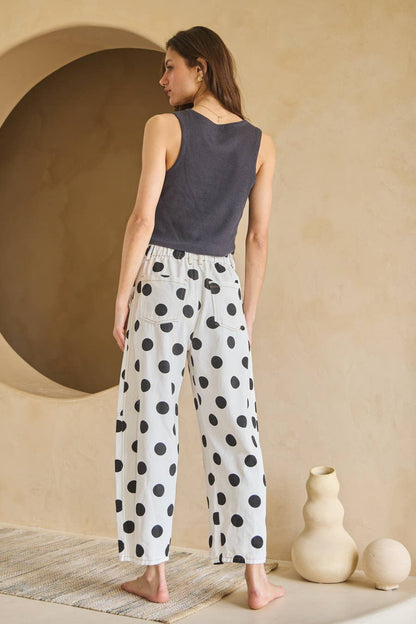 Polka Dot Printed Barrel Denim Pants - White