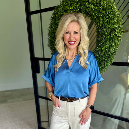 Satin V-Neck Placket Cuff Sleeve Top 8228 – Slate Blue