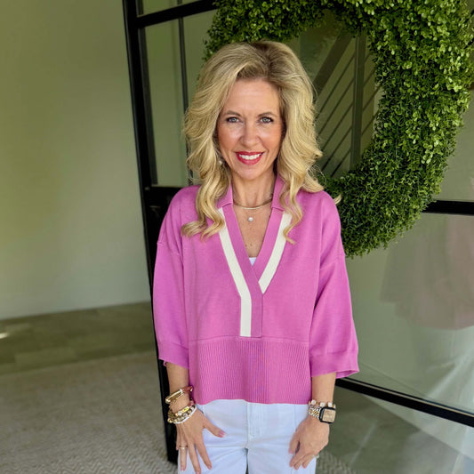 Pink Contrast Trim Sweater – Loose Fit V-Neck Knit Top - 9684