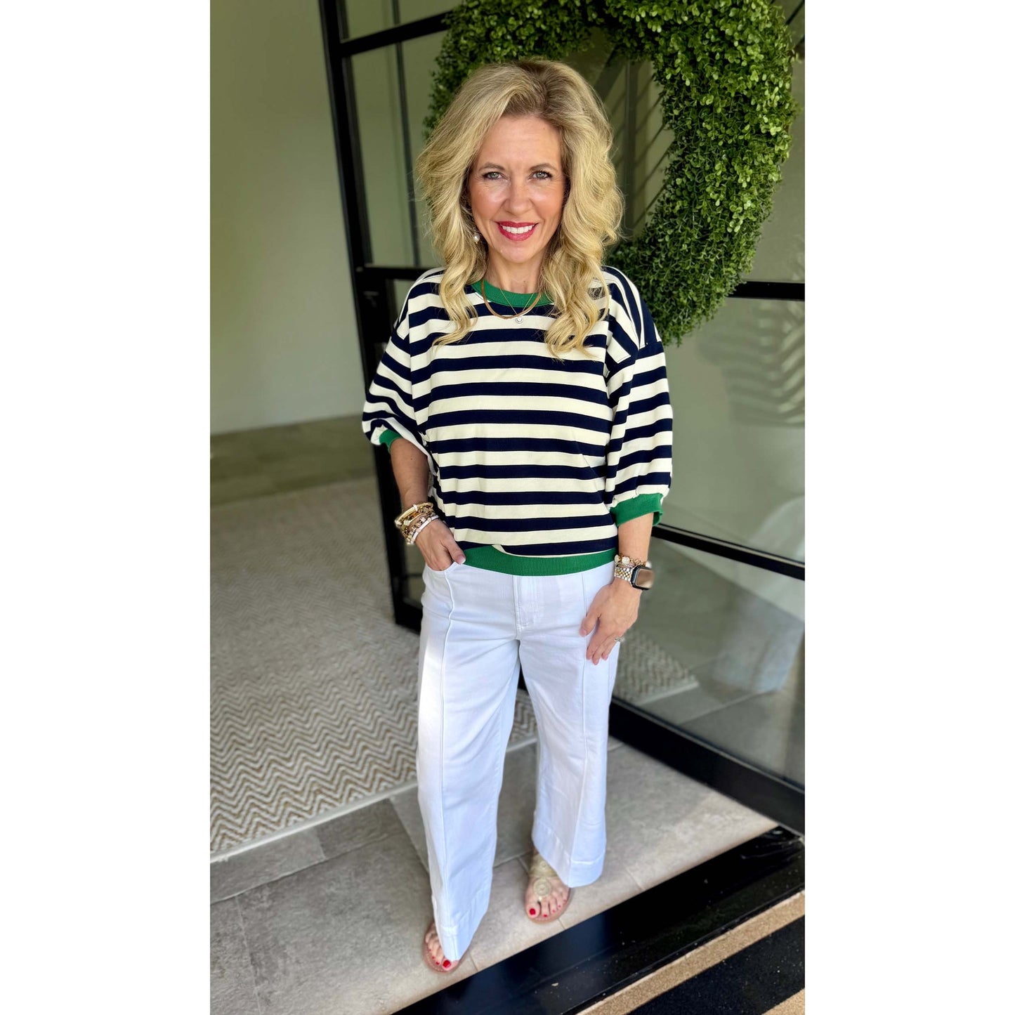 Navy Stripe Knit Top – Green Trim Short Sleeve Sweater - 9528