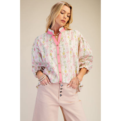 Easel - Floral Printed, Stretch Poplin Button Down Top 9158 - Pink