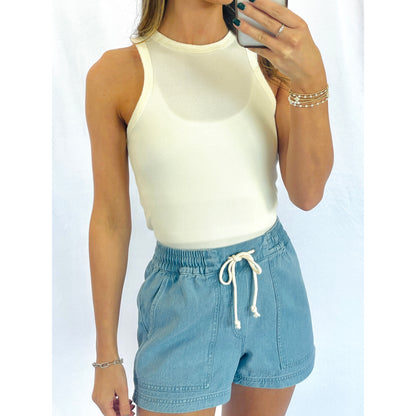 DZ - Washed Ribbed Round Neck Sleeveless Tank 894 - Cream