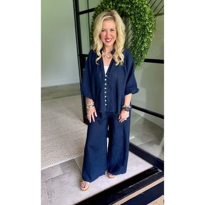 Milio Milano Linen Balloon Sleeve V-Neck Top – Navy