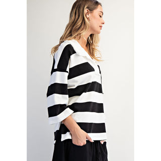 Oversized Striped Rugby Polo Sweatshirt 9015 - Black / White