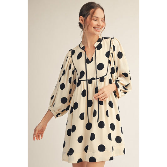 JL - ¾ Sleeve, Polka Dot, Peasant Dress 0847 - Black / Cream