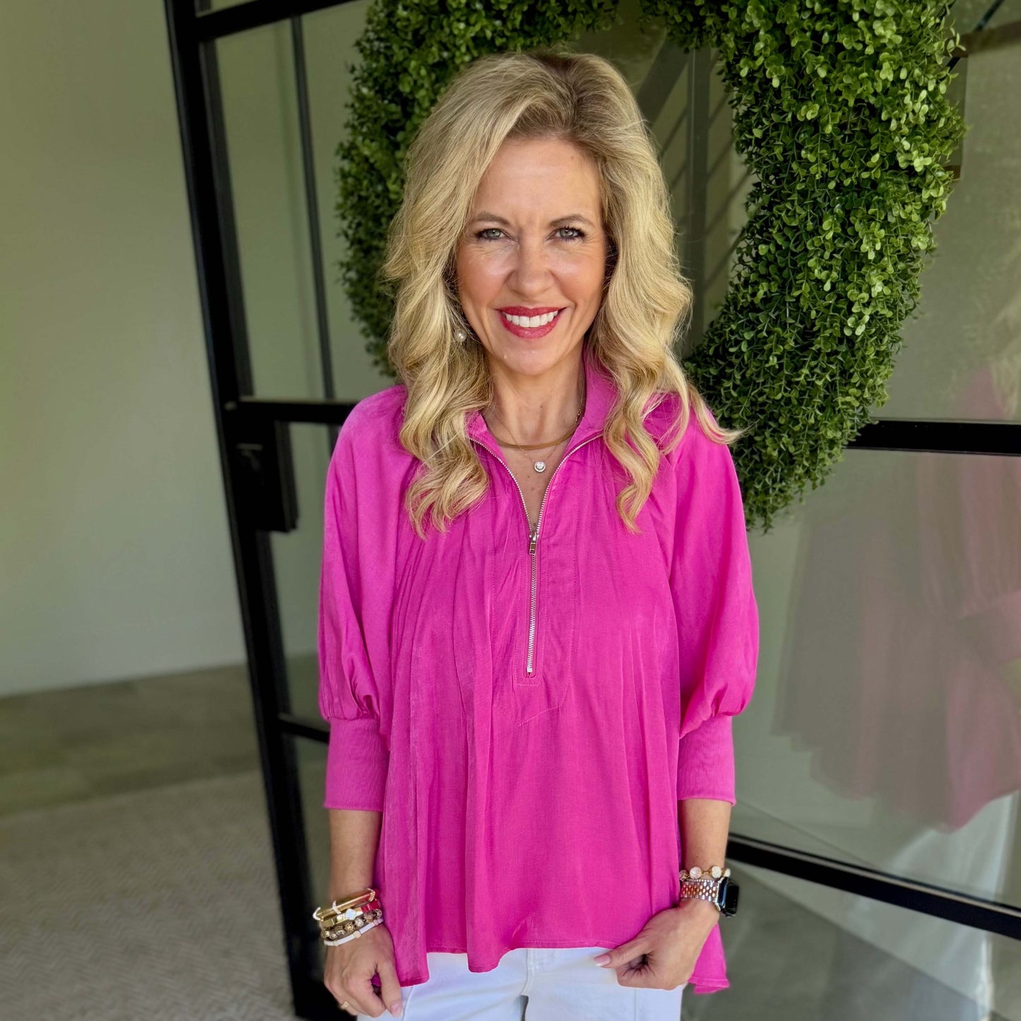 Hot Pink Half Zip Blouse – Mock Neck Puff Sleeve Top - 8080*