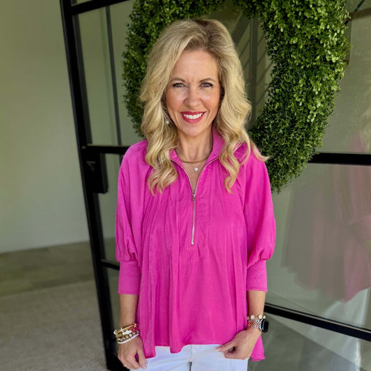 Hot Pink Half Zip Blouse – Mock Neck Puff Sleeve Top - 8080*