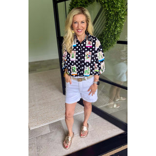 Queen of Sparkles - Black & White Polka Dot Scattered Mahjong Button Up Top