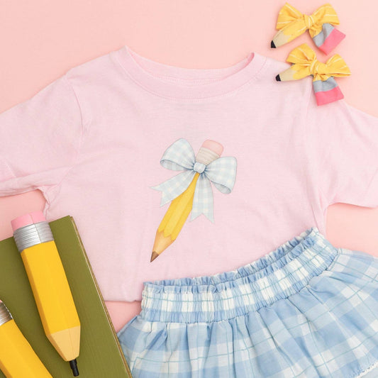 Blue Plaid Pencil Bow Short Sleeve T-Shirt - Back To School - SALE