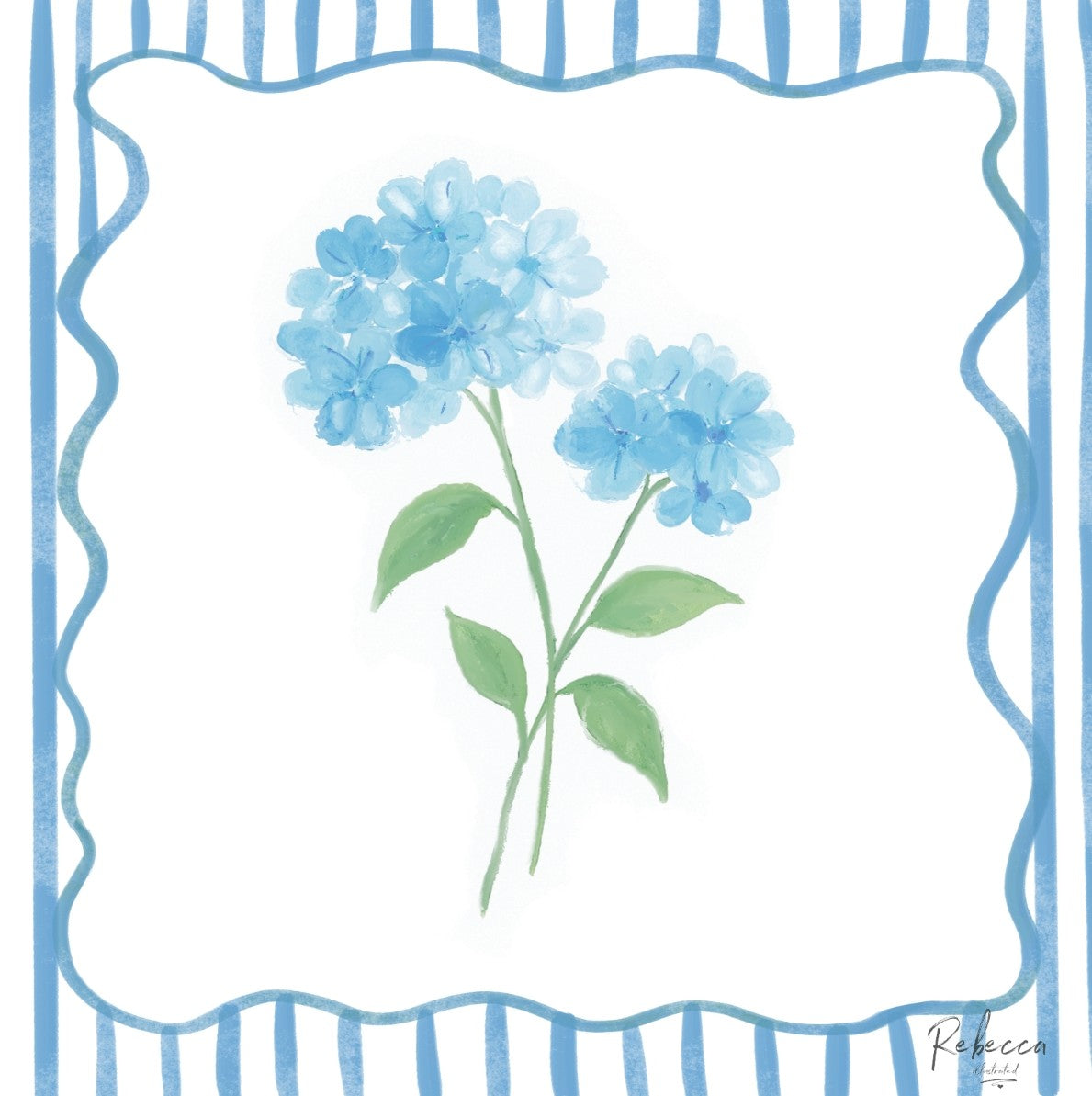 A square art print featuring a watercolor-style illustration of two light blue hydrangea flower blooms with green stems and leaves, centered within a white scalloped border framed by blue vertical stripes. The artist signature 'Rebecca' is visible in the bottom right corner.