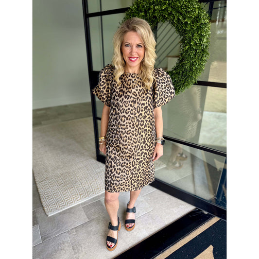 SAB - Leopard A-line dress w bold puff sleeves 5940 - Leopard Brown