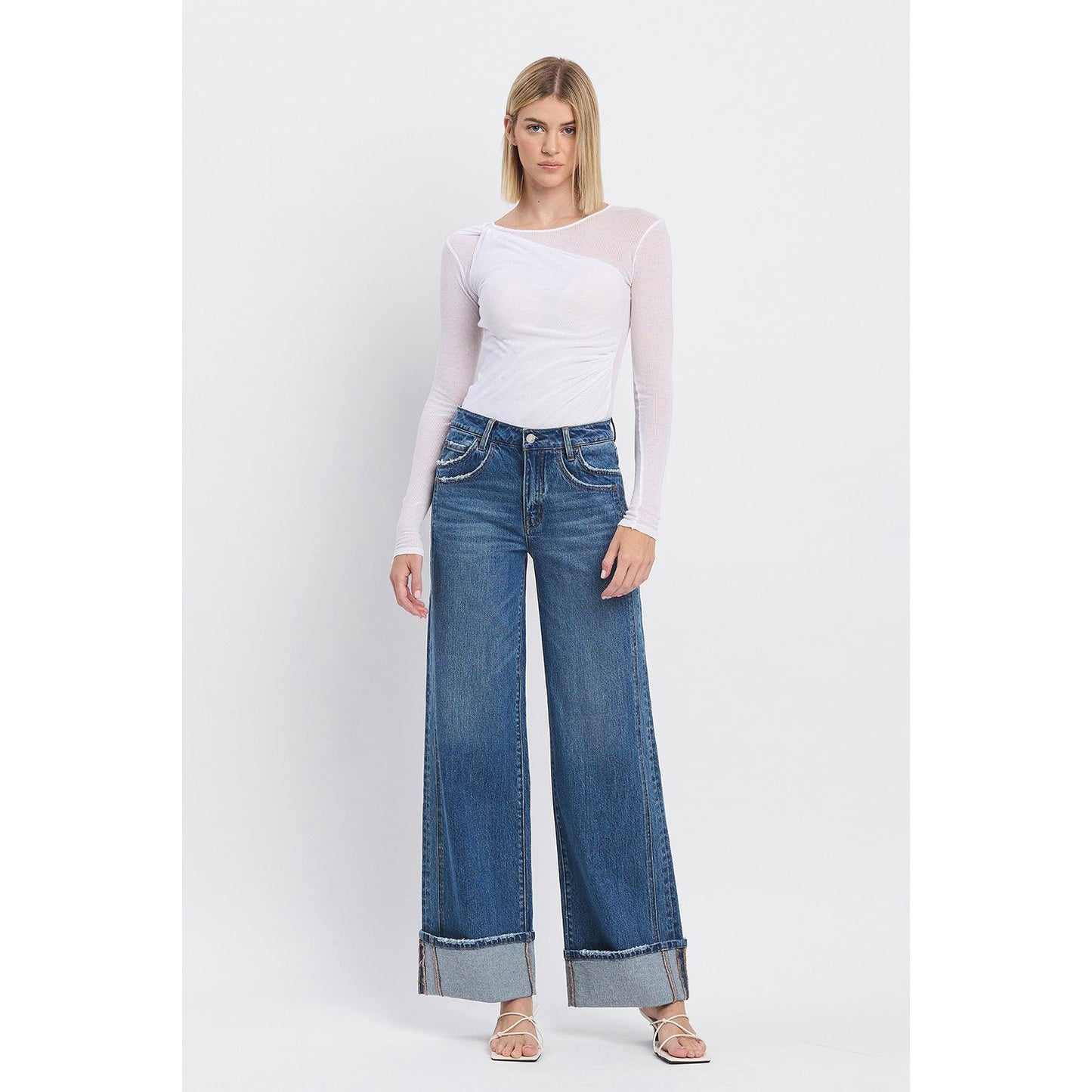 Vervet - high rise cuffed baggy wide jeans 6645 - Blue