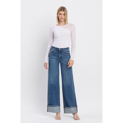 Vervet - high rise cuffed baggy wide jeans 6645 - Blue