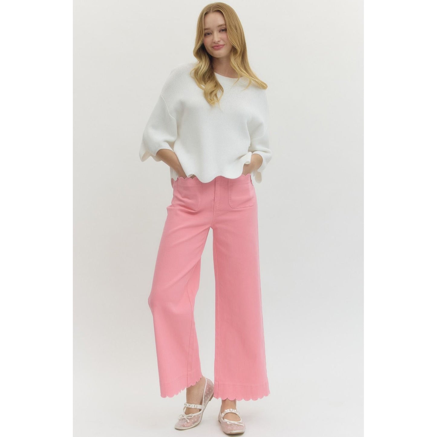 Pink Scallop Trim Wide Leg Pants – High Waist Statement Trousers 9031