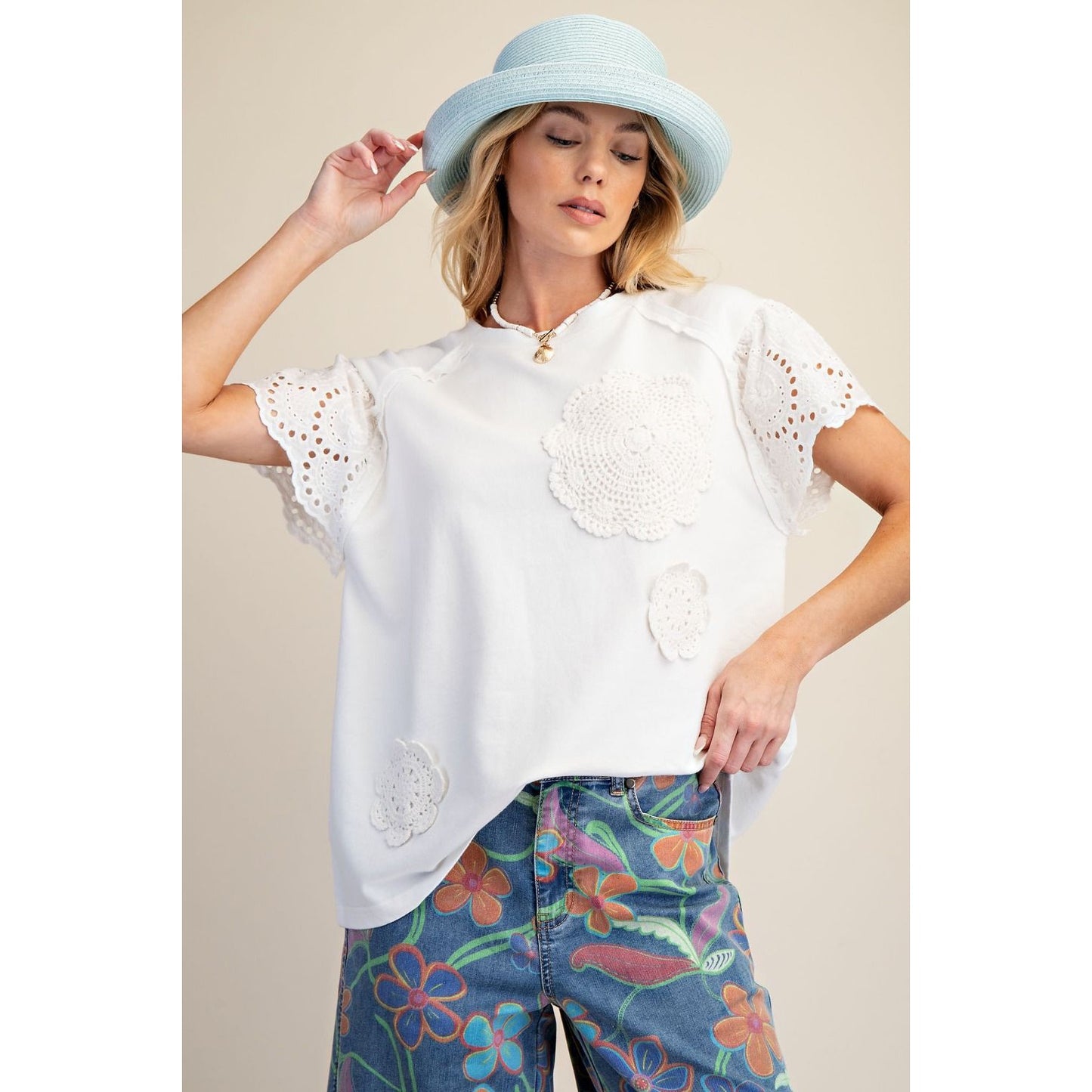 Lace Detail Flutter Sleeve Top – Cream Crochet Patch Blouse 9027