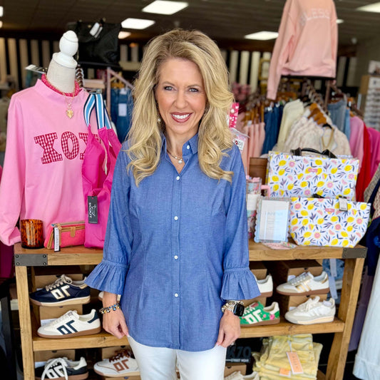 Gretchen Scott - Wash & Wear, Ruffle Detail Blouse Top - Chambray