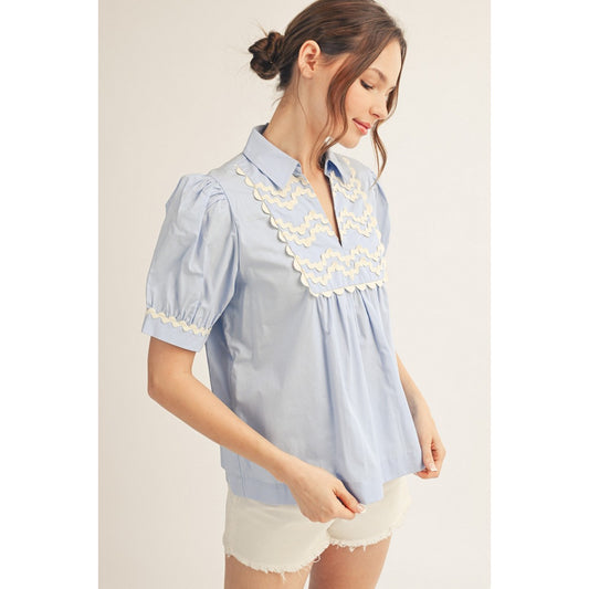 JL - Short Sleeve, Ric-Rac Trim Top 5364 - Sky Blue