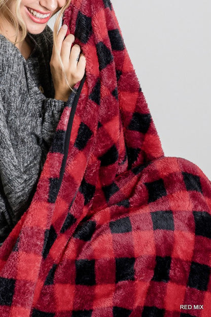 Checkered Faux Fur Blanket 7560 - Red Mix