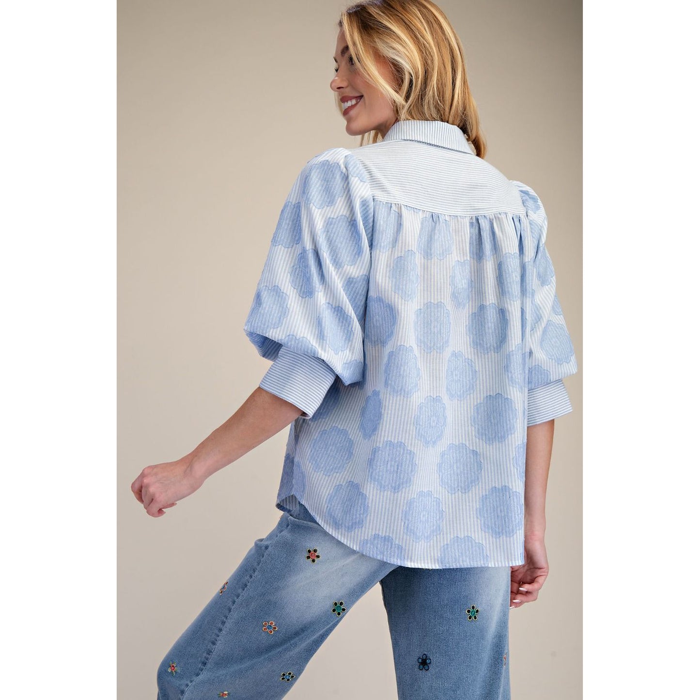 Easel - Striped, ¾ Bubble Sleeve, Button Down Top 1923 - Blue
