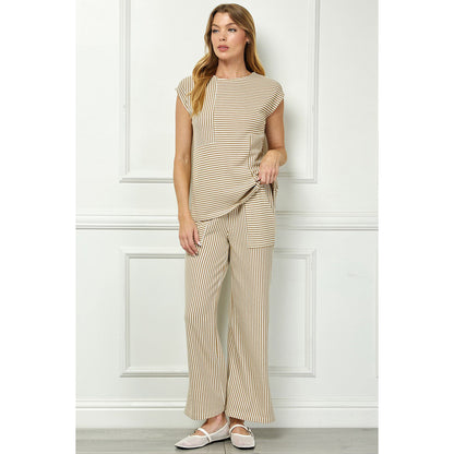 SAS - Drop Shoulder, Striped Top & Cropped Pants Set 3951 / 7345 - Khaki/Cream.