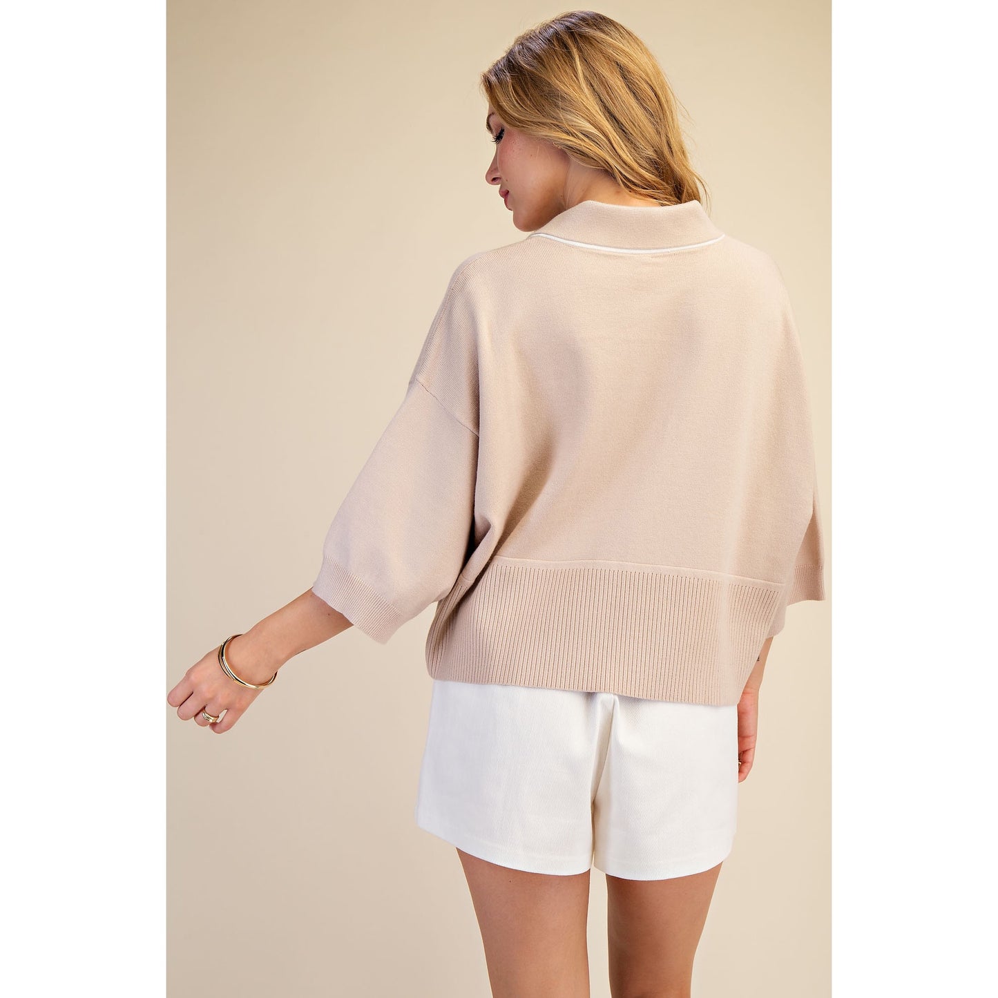 Taupe Contrast Trim Sweater – Loose Fit V-Neck Knit Top - 9684 -
