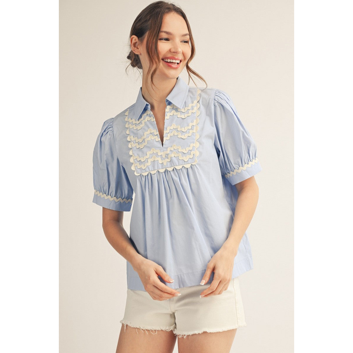 JL - Short Sleeve, Ric-Rac Trim Top 5364 - Sky Blue