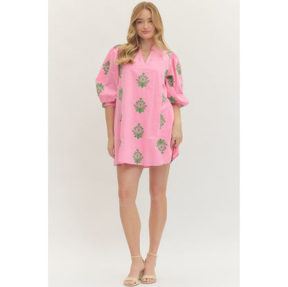 Entro - Embroidered, ¾, Puff Sleeve, Mini Dress 0226 - Pink
