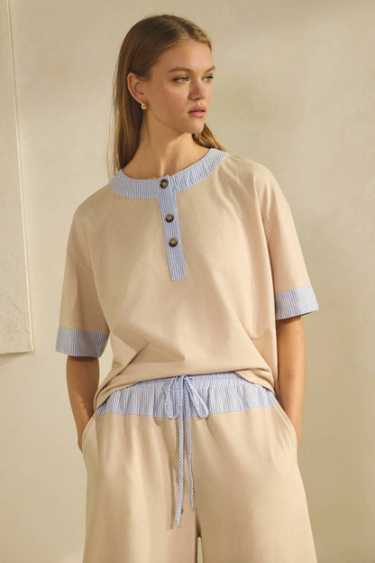 Contrast-trim Henley Top And Pants Set - Ivory