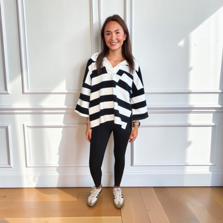 Oversized Striped Rugby Polo Sweatshirt 9015 - Black / White