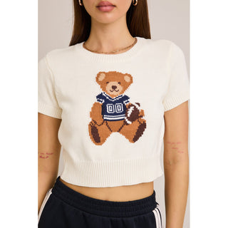 LL - Short Sleeve, Crew Neck, Teddy Bear Sweater Top 5170 - White / Navy