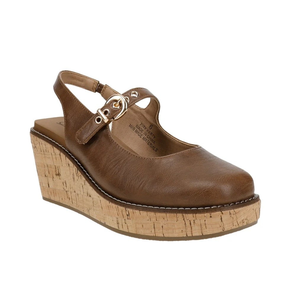 A brown leather wedge sandal with an ankle strap and buckle, featuring a cork-textured platform wedge heel, shown on a plain white background.